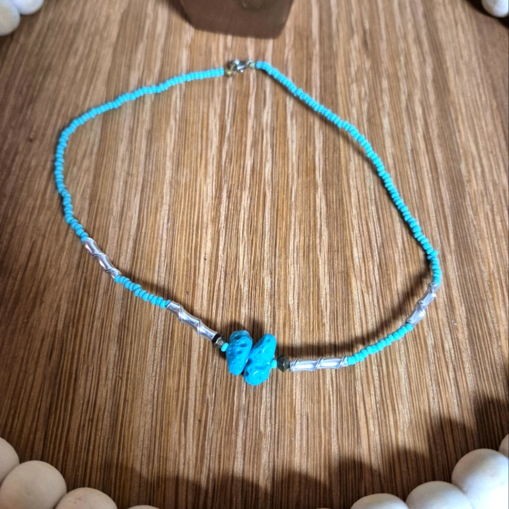 ❤️‍🔥 Teal Seed Bead Faux Turquoise Bead Choker Necklace